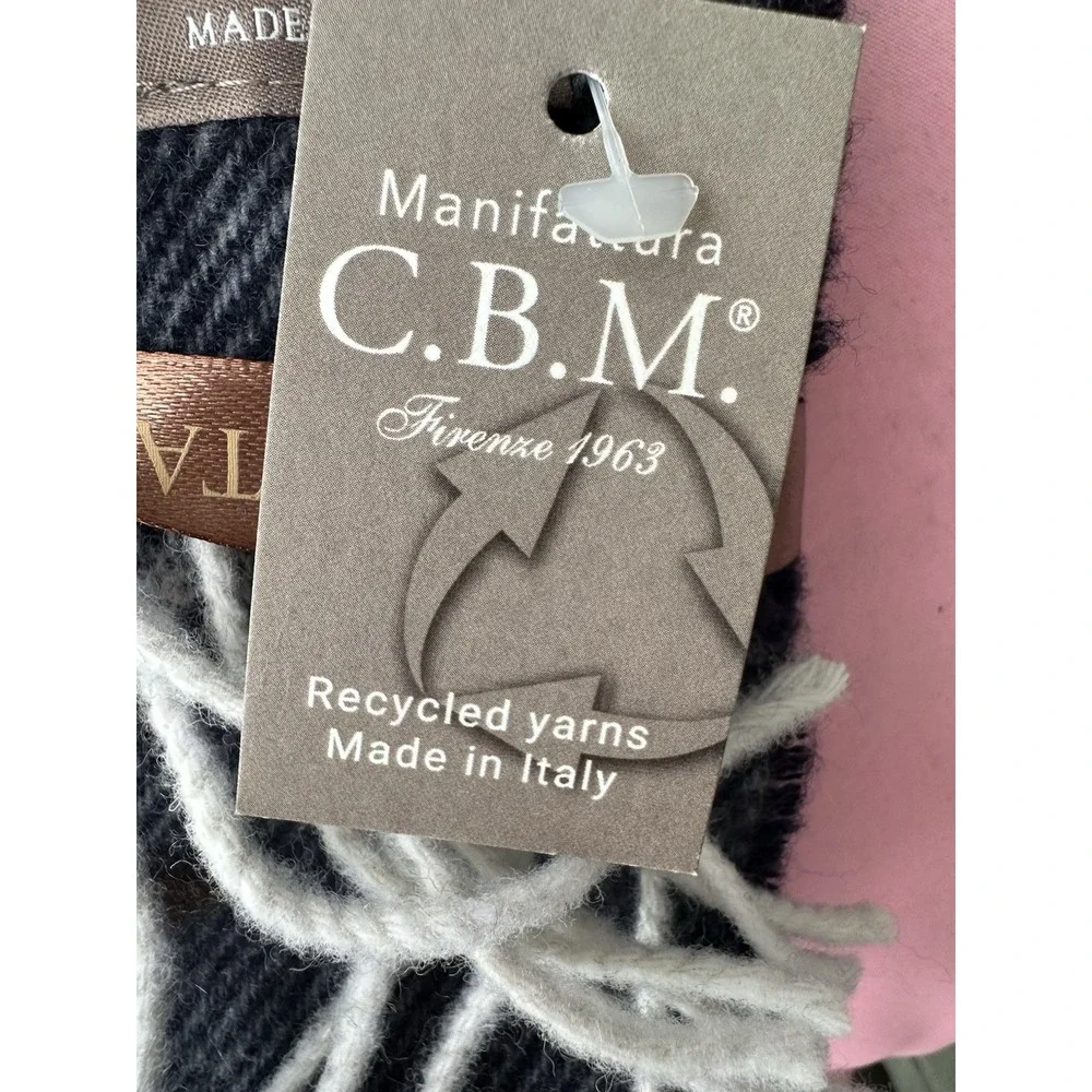 CBM Firenze Cashmere Blend Scarf Wool‎ Italy Recycled Yarn Navy Fringe NWT
